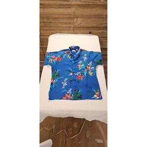 Islander Men Blue Tropical Floral Rayon Hawaiian Shirt Short Sleeve Large